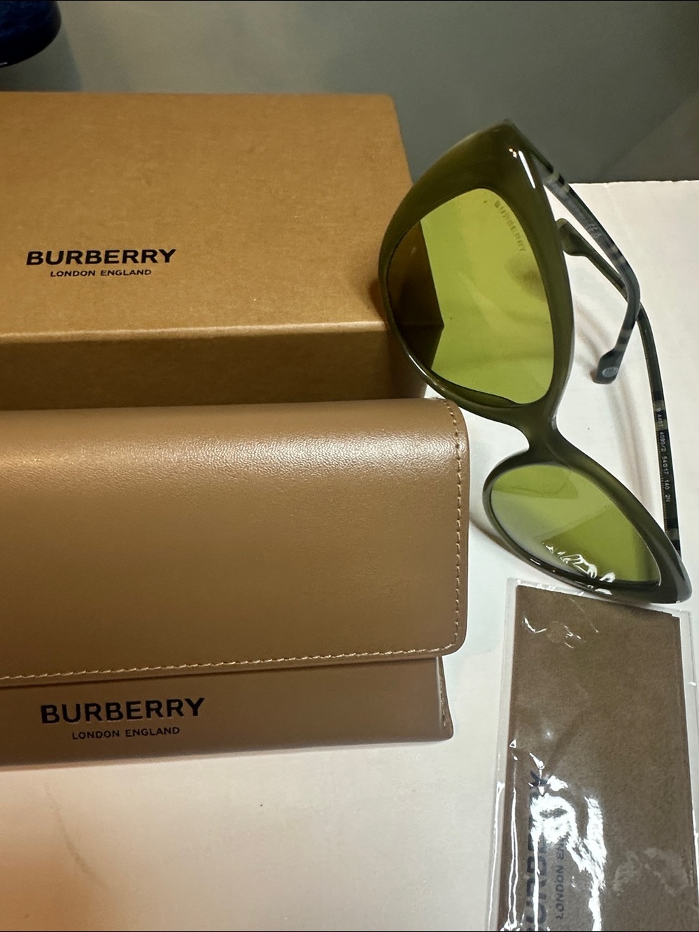 Burberry Olive Green Cat-Eye Sunglasses with Tan Case